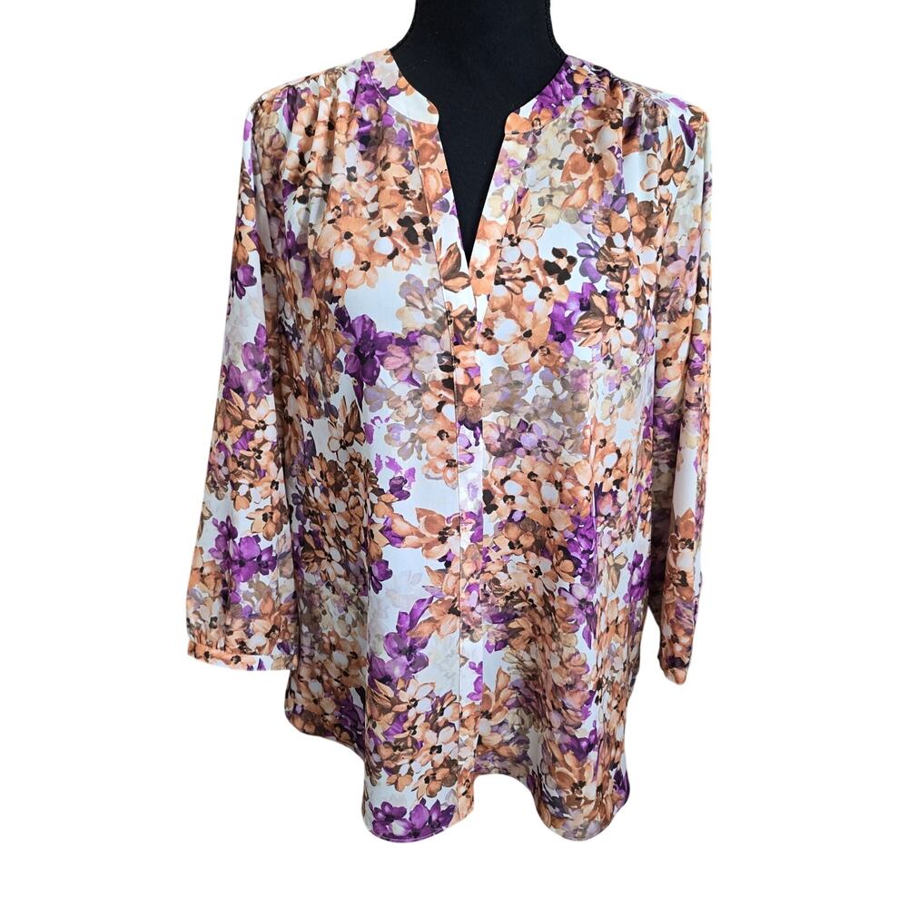 NYDJ Floral Watercolor Split Neck Blouse Sz M